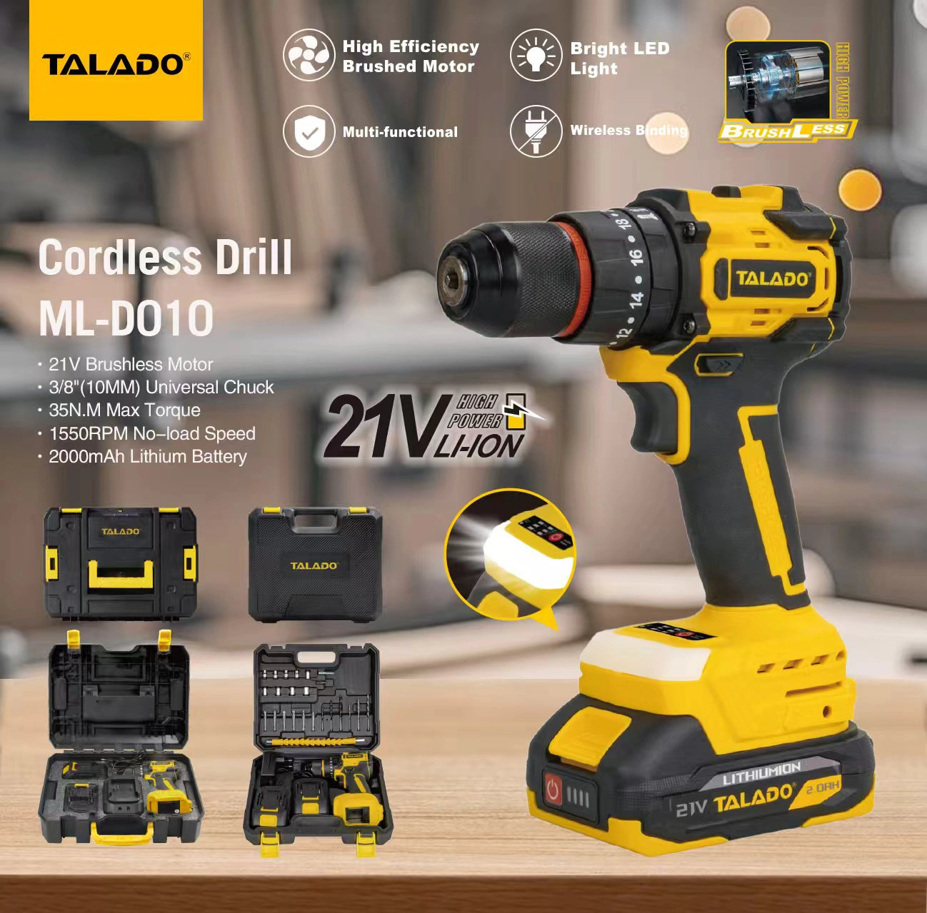 21V สว่านไร้สายไร้แปรงถ่าน 35N.M แรงบิดสูงเปลี่ยนแบตเตอรี่ Power Drill สำหรับ Daily Repair &amp; Renovation